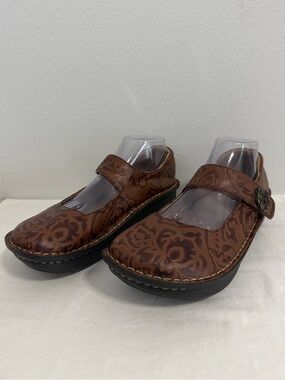Alegria Paloma Yeehaw Brown Tooled Flower Leather Mary Janes Size41 Boho PAL-574